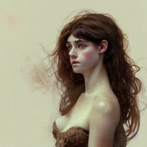 Image similar to portrait of a welsh girl with brown hair, glowing skin, delicate features, teenage amelie poulain, fantasy, intricate, elegant, dress shirt, highly detailed, digital painting, artstation, concept art, smooth, sharp focus, illustration, art by Krenz Cushart and Artem Demura and alphonse mucha