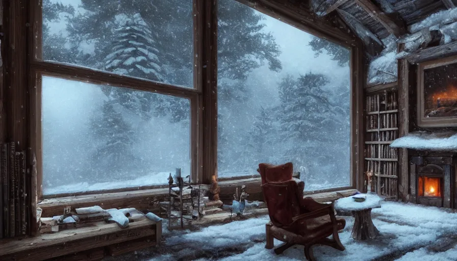 Image similar to A highly detailed matte painting of interior of old cabin in snowy forest, fireplace, bookshelves, old couch, snowing outside windows, by Studio Ghibli, Makoto Shinkai, by Artgerm, by WLOP, by Greg Rutkowski, volumetric lighting, octane render, 4K resolution, trending on artstation, masterpiece