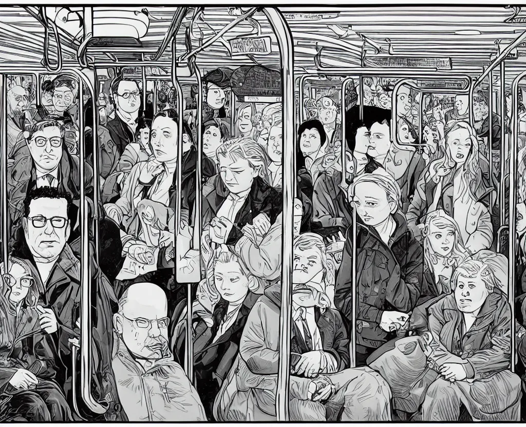 Image similar to a highly detailed line drawing in the style of Daniel Clowes and Adrian Tomine and Gabrielle Bell, 3/4 view wide shot framed on two people: a sad woman in a parka who looks like Aubrey Plaza, sitting near a slightly overweight friendly middle-aged German businessman in a suit, with short blond hair and mustache, in a mostly empty Chicago subway train