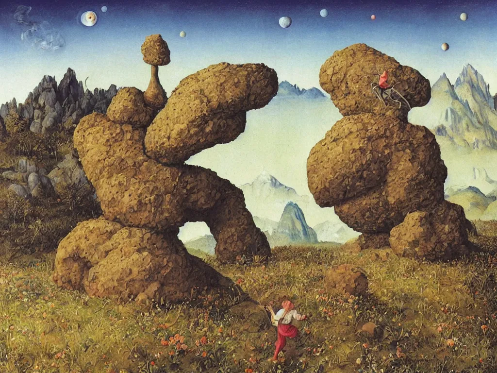 Image similar to Man pushing a giant strange jagged boulder on an alien planet. Unicorn with flower field, icy mountains, comet. Painting by Lucas Cranach, Roger Dean