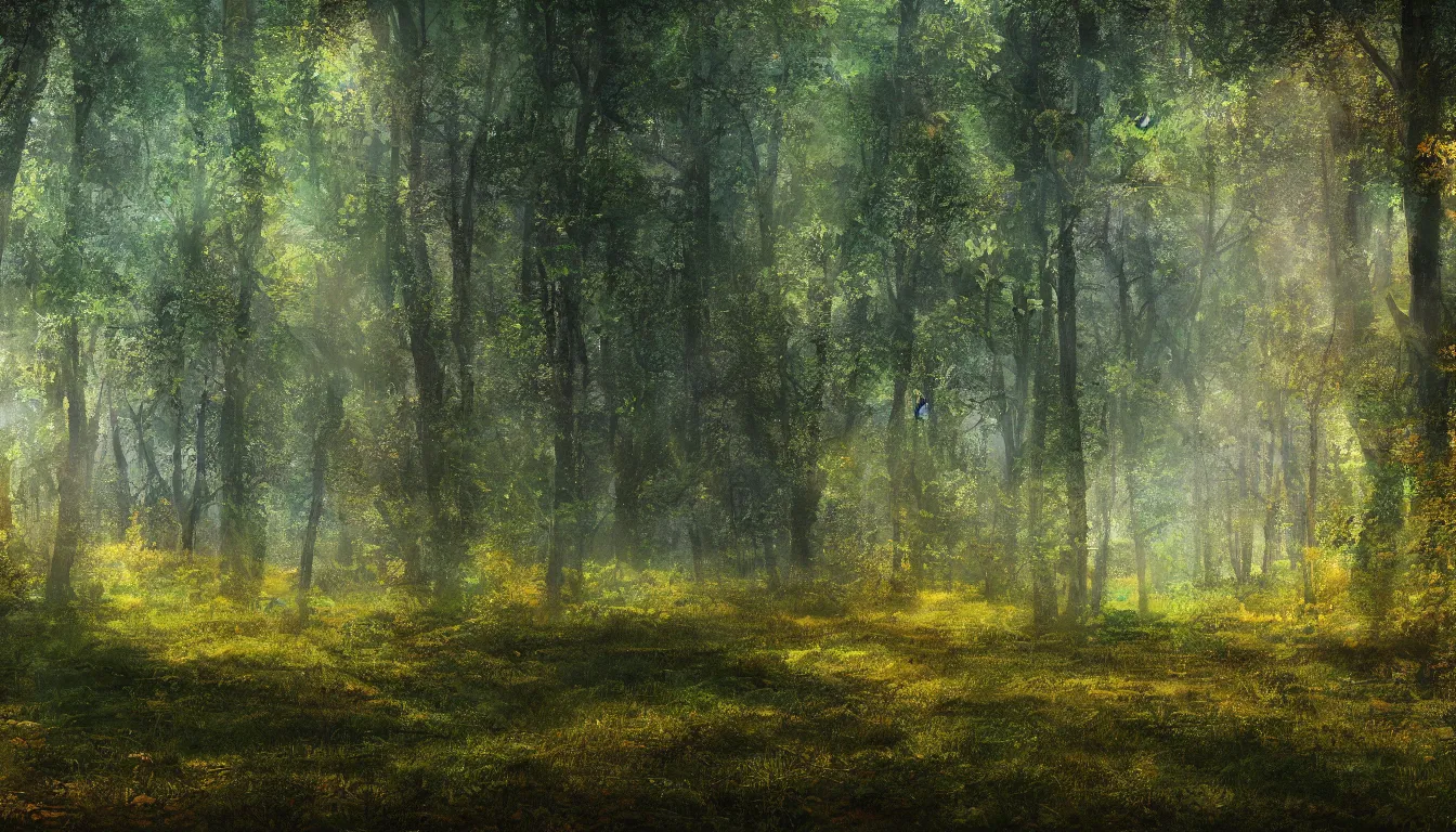 Image similar to a clearing in a forest, digital art, highly detailed, realistic, bright colors, 8 k