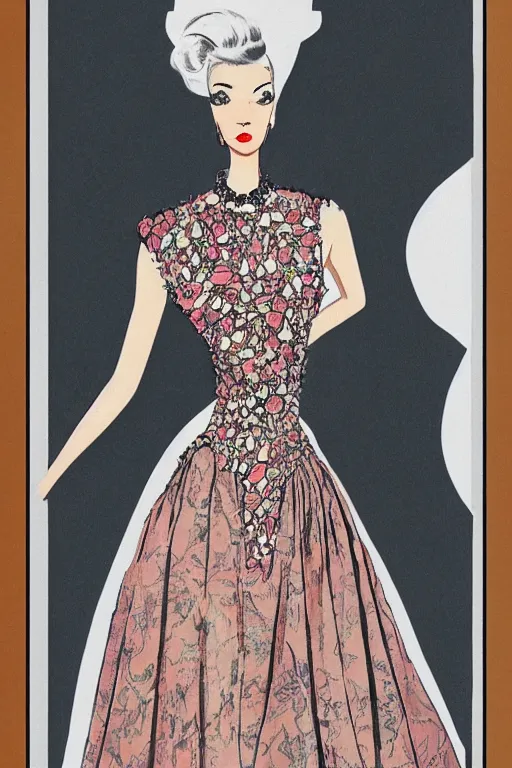 Image similar to a detailed high fashion couture illustration of a mid - century outfit