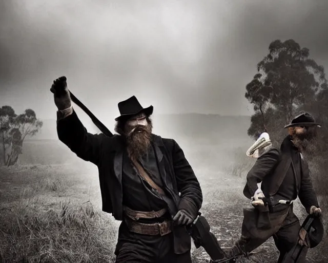 Image similar to australian bushranger edward kelly ned kelly, award winning epic action photography in rich colors