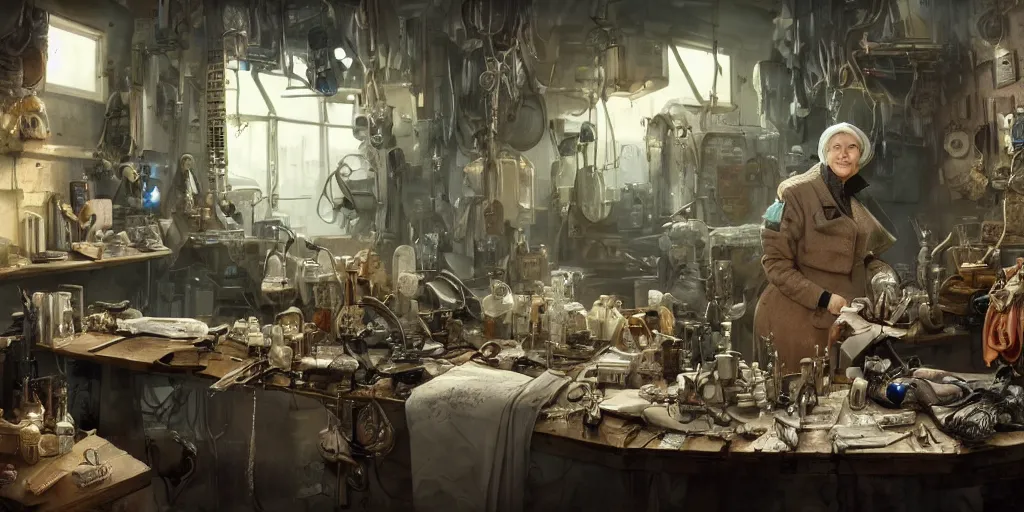 Image similar to an environmental concept art of an elderly russian woman cyberneticist in a cluttered workshop, surgical implements, surgery table, highly detailed, cinematic, dramatic, cyberpunk, dieselpunk, scifi space station, horror, bladerunner 2 0 4 9