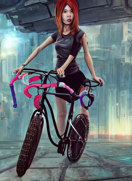 Prompt: An epic fantastic realism comic book style painting of a beautiful girl on a bicycle with robot legs, robotics, long pigtails hair, asian girl, cyberpunk, Concept world Art, unreal 5, DAZ, ultrarealistic, hyperrealistic, octane render, cosplay, RPG portrait, dynamic lighting