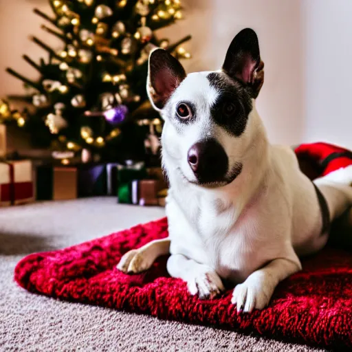 Image similar to a dog on a carpet sitting in a room at christmas time