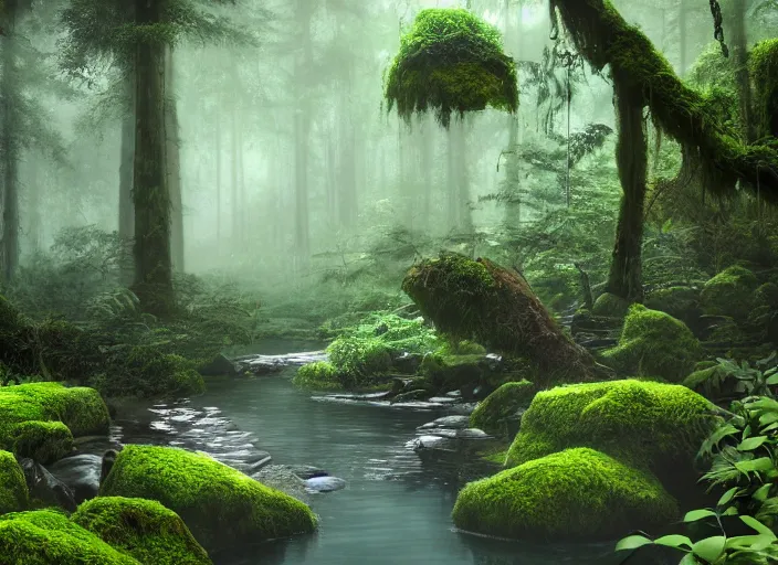 Image similar to A natural pool in a forest with tall trees, overgrown with moss, surrounded by lush plants, vines hanging from the tall trees, pine trees, detailed, digital art, trending on Artstation, atmospheric, volumetric lighting, hyper-realistic, Unreal Engine, sharp