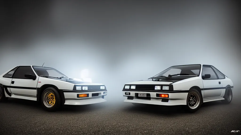 Image similar to a trueno ae 8 6, cinematic, white balance, neon, 8 k, rim lighting, led, lumen global illumination, fog, ray tracing reflections