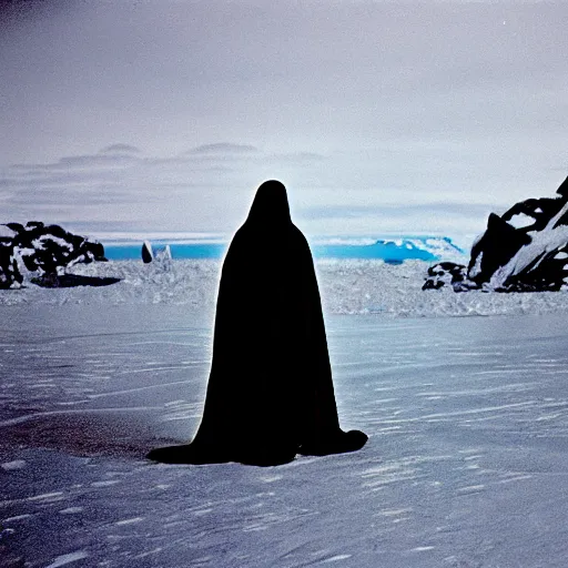 Prompt: a man wearing a long cloak and hood, in antarctica, film still, arriflex 3 5