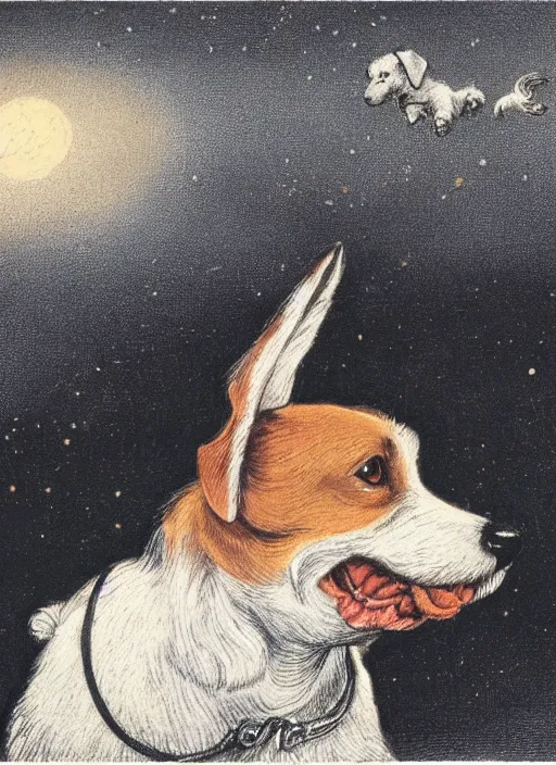 Prompt: candid portrait of jack russel dog sad mouth open, night sky, highly detailed, illustrated by peggy fortnum and beatrix potter and sir john tenniel