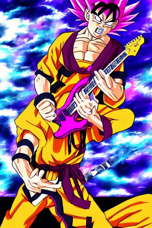 Prompt: jimi hendrix preforming in dragon ball z art style, anime art, epic, HD, cinematic