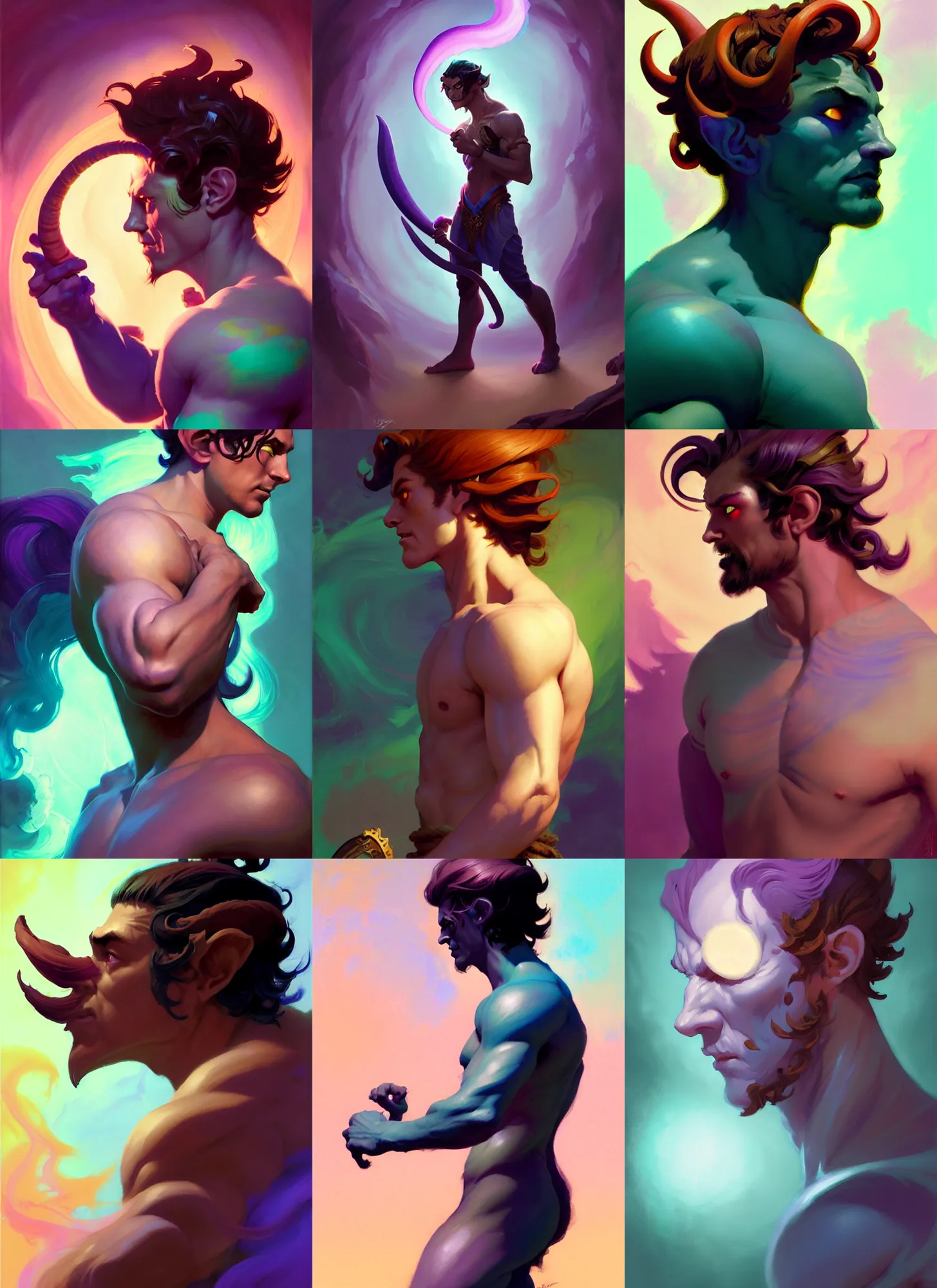 Prompt: side profile, male satyr rogue, gloomhaven, luminescent, colorful swirly magic ripples, pastel colors, by greg manchess, huang guangjian, gil elvgren, sachin teng, greg rutkowski, jesper ejsing, ilya kuvshinov