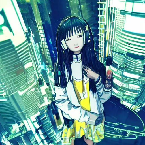 Prompt: Frequency indie album cover, luxury advertisement, yellow filter, white and gray colors. Clean and detailed post-cyberpunk sci-fi close-up schoolgirl in asian city in style of cytus and deemo, blue flame, relaxing, calm and mysterious vibes, by Tsutomu Nihei, by Yoshitoshi ABe, by Ilya Kuvshinov, by Greg Tocchini, nier:automata, set in half-life 2, Matrix, GITS, Blade Runner, Neotokyo Source, Syndicate(2012), dynamic composition, beautiful with eerie vibes, very inspirational, very stylish, with gradients, surrealistic, dystopia, postapocalyptic vibes, depth of field, mist, rich cinematic atmosphere, perfect digital art, mystical journey in strange world, beautiful dramatic dark moody tones and studio lighting, shadows, bastion game, arthouse