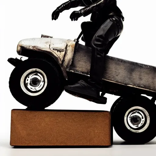 Image similar to travis scott figure standing on top of a black toy monster truck, studio lighting, white background