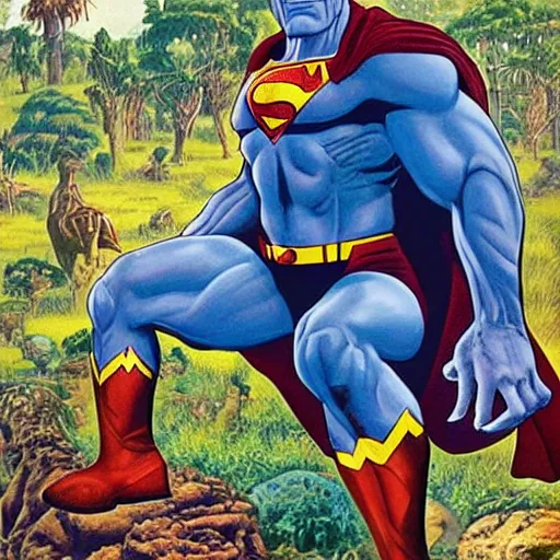 Prompt: beautiful lifelike painting of thanos as superman on safari in the glass jungle of planet krypton, hyperreal detailed facial features and uv lighting, retro pixel bitmap art by ed roth and basil wolverton