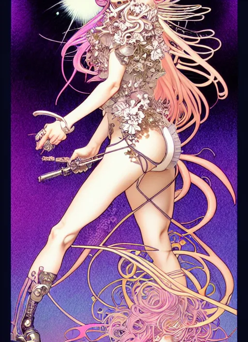 Image similar to highly detailed terada katsuya artstation manga poster of girl mechine, hajime sorayama, artgerm, rainbow gradient bloom, long hair, armor, dress, laces, ruffles, 8 k, maximalist, alphonse mucha