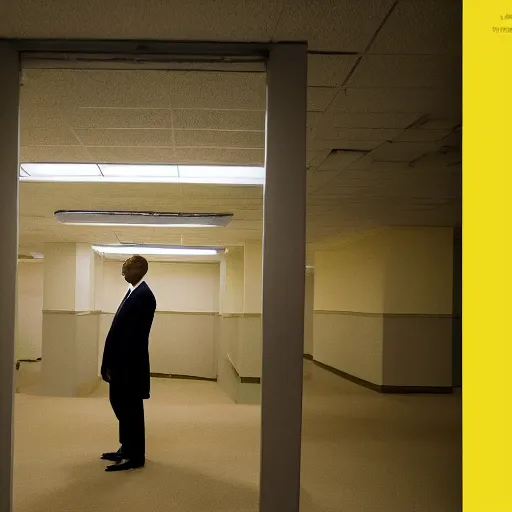 Image similar to Obama lost in the backrooms, old moist carpet, mono-yellow, fluorescent lights, randomly segmented rooms, eerie