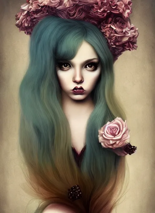 Image similar to pop surrealism, hyper realism, muted colors seductive female venus, cute girl, long hair, art by natalie shau, trevor brown