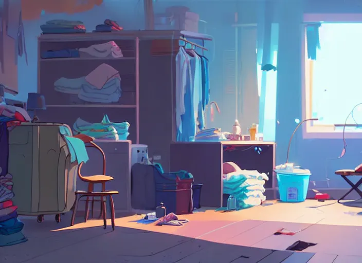 Image similar to an untidy room with laundry on the floor, detailed, by cory loftis, james gilleard, atey ghailan, makoto shinkai, goro fujita, studio ghibli, plain background