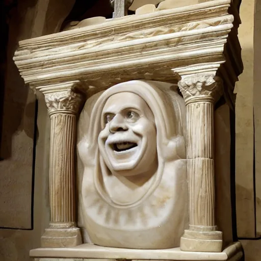 Image similar to the sarcophagus of the medieval king danny devito, carved in alabaster, church interior, hd