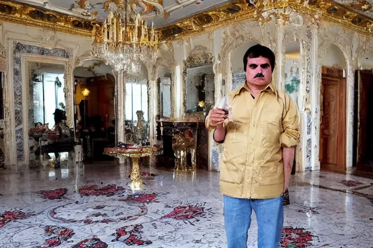 Prompt: el chapo standing in the middle of a grandiose mexican mansion. everything is made out of gold. el chapo is sipping o wine.