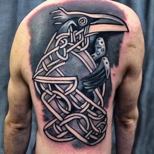 Image similar to viking wielding to hand axes with raven on his shoulder celtic tattoo