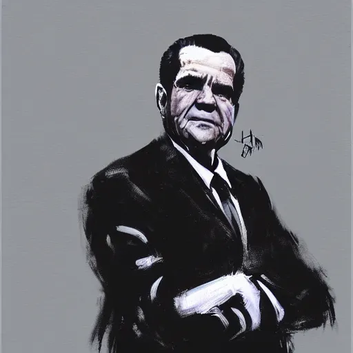 Image similar to greg manchess painting of richard nixon as an overwatch character, profile picture, matte painting, bold shapes, hard edges, street art, trending on artstation, by huang guangjian and gil elvgren and sachin teng