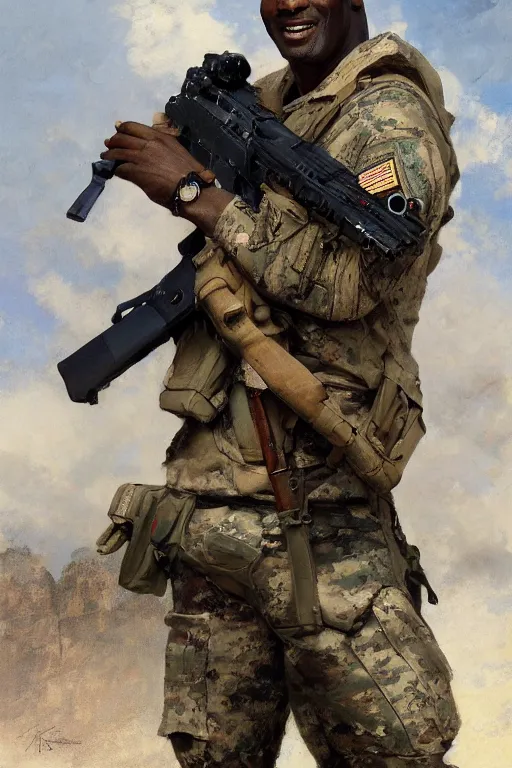 Image similar to michael jordan wearing a us soldier uniform and gun, detailed, 8 k, trending on artstation, smooth, sharp focus artwork by gustave courbet, mark keathley, greg rutkowski and alphonse mucha