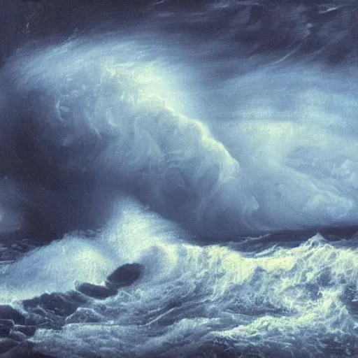 Prompt: A beautiful experimental art of a raging storm at sea, with huge waves crashing against the rocks. The sky is dark and ominous, and the sea is rough and choppy. by Desmond Morris offhand