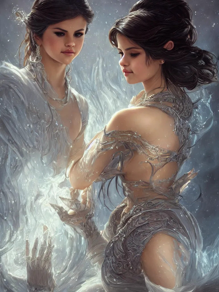 Image similar to Selena Gomez casting an frost spell, D&D, fantasy, intricate, elegant, highly detailed, digital painting, artstation, concept art, matte, sharp focus, illustration, hearthstone, art by Artgerm and Greg Rutkowski and Alphonse Mucha