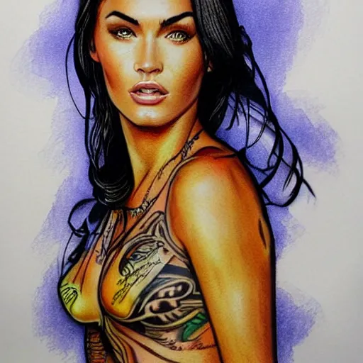 Prompt: tattoo sketch of megan fox's face shape in amazing mountain scenery, in the style of dan mountford