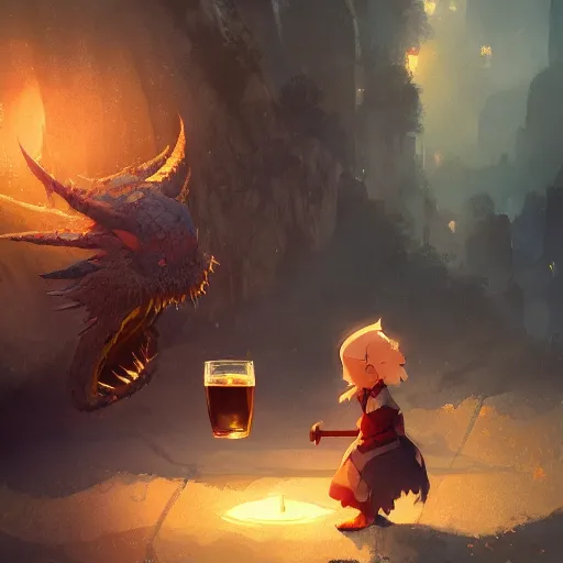 Image similar to a dwarf and a dragon drinking a beer | fantasy art | gapmoe kuudere moody lighting stunning bokeh highlights sharp contrast | trending pixiv fanbox | by greg rutkowski makoto shinkai takashi takeuchi studio ghibli