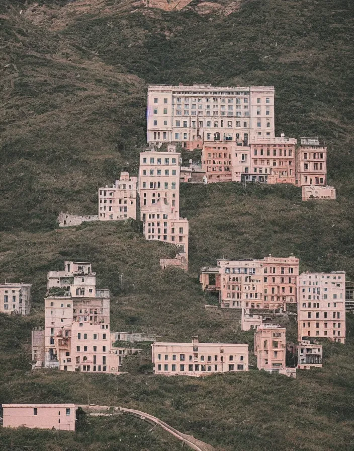 Image similar to a building in a stunning landscape by Wes Anderson