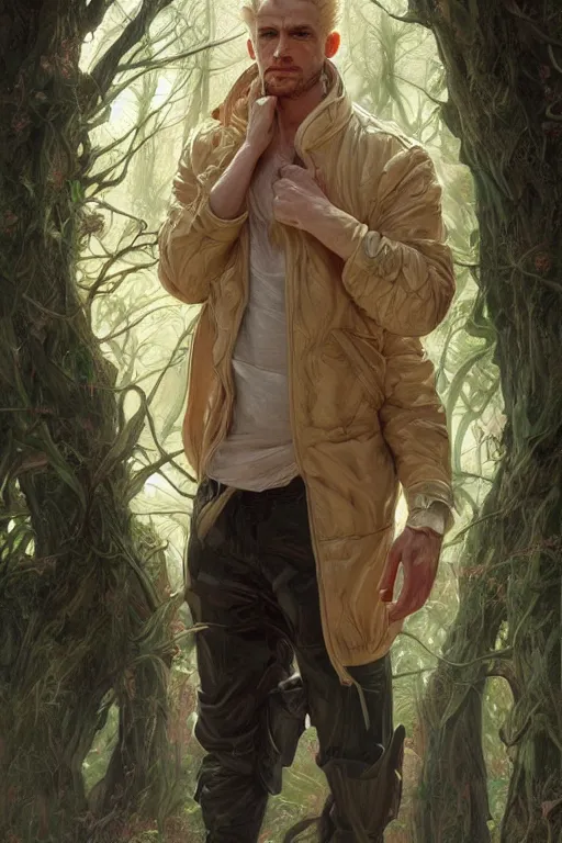 Image similar to portrait of a blonde herculian man in a bomber - jacket, flowing hair, forest, full body, muscular, fantasy, intricate, elegant, highly detailed, digital painting, artstation, concept art, sharp focus, illustration, art by artgerm and greg rutkowski and alphonse mucha