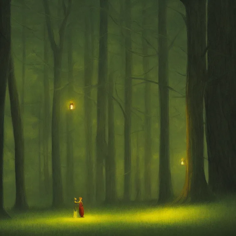 Prompt: a storybook illustration of a hidden forest grove, fireflies, quiet night foggy scene painted by Edward Hopper masterpiece, intricate, elegant, fantasy, highly detailed, digital painting, concept art, sharp focus, artstation