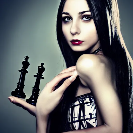 Prompt: young seductive beautiful emo girl with a chess piece in her hands. highly detailed photography of a famous actress