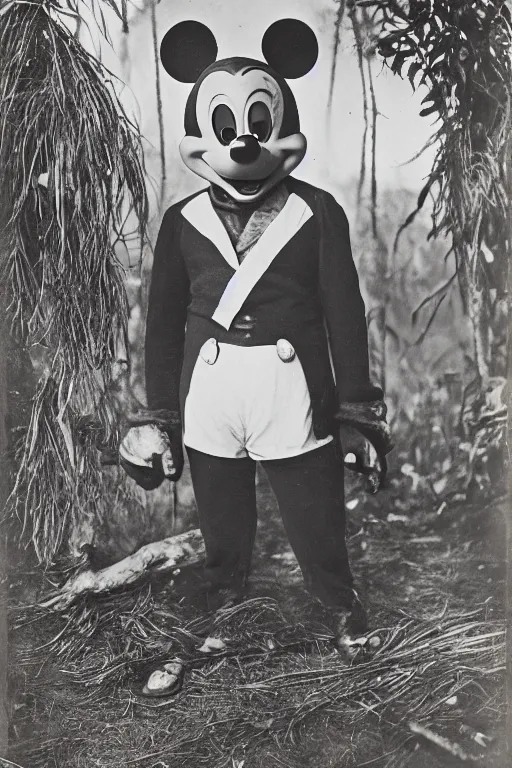 Image similar to a 1 9 0 5 colonial closeup portrait photograph of mickey mouse in a village at the river bank of congo, thick jungle, portrait shot