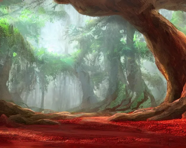 Image similar to deciduous forest in a humid subtropical climate with red clay soil, award winning fantasy concept art