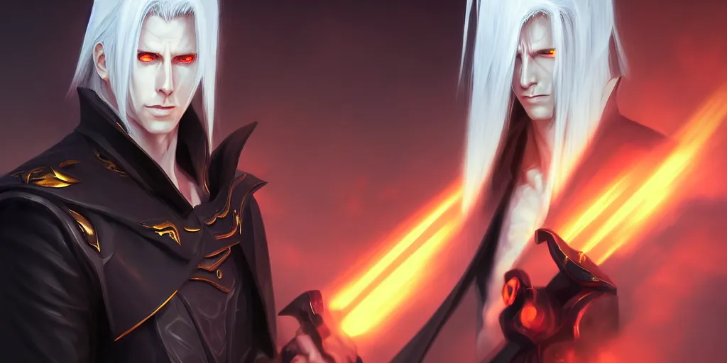 Prompt: digital art of a pale menacing Sephiroth with piercing eyes, gilded black uniform, he commands the fiery power of resonance and wrath, by WLOP, Artstation, CGsociety