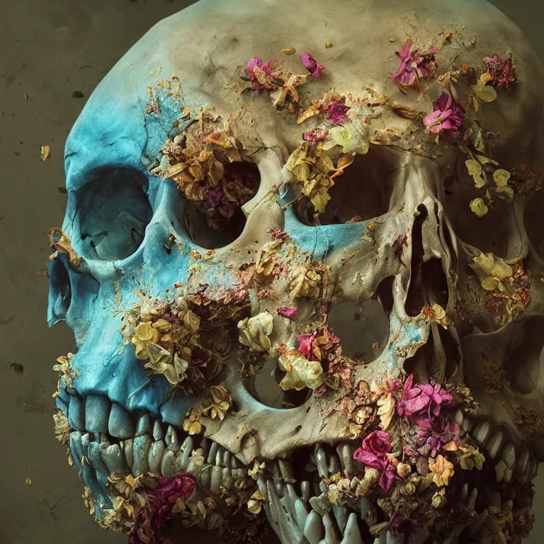 Image similar to A beautiful oil painting hyperrealism of a decayed zombie head, rotting clay skin, skull bones flowers, 8k resolution, octane render, Trending on artstation, by Gediminas Pranckevicius, volumetric light 2blue fractal Thunder glow by dan mumford, anaglyph effect, Laurie Lipton