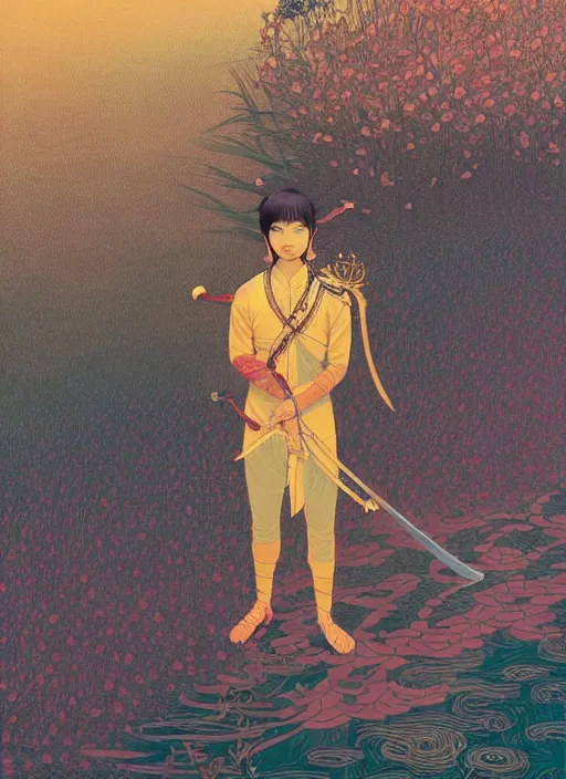 Image similar to third lotus prince committed suicide by drawing his sword by the riverby ilya kuvshinov and victo ngai