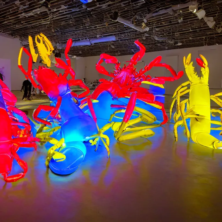 Prompt: fluxus performance of primary colors light projection onto several giant lobsters in a cramped art gallery, high contrast hyperrealism trending on arstation 8 k