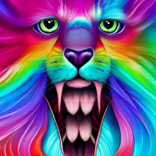 Image similar to Rainbow tiger roaring, silky pastel rainbow fur, chromatic aberration, cute, playful, harper's bazaar, pearlescent, featured on artstation, by Lisa Frank, by Moebius, by Kelly McKernan, by Charlie Bowater, by Laura rubin, 8k