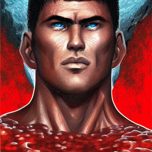 Image similar to portrait of guts from berserk submerged in red water, extremely detailed, made by Justin Fields artstation