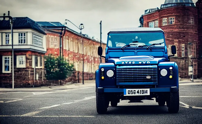 Prompt: “Blue Land Rover Defender driving fast in Porvoo city. Motion blur, high detail, zoomed in, fish eye lense. Artstation. Cinematic lighting.”