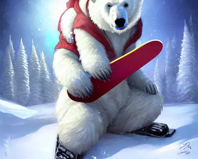 Prompt: a super cute anthropomorphic polar bear in snowgear from final fantasy, holding a snowboard, deep focus, d & d, fantasy, intricate, elegant, highly detailed, digital painting, artstation, concept art, matte, sharp focus, illustration, hearthstone, art by artgerm and greg rutkowski and alphonse mucha