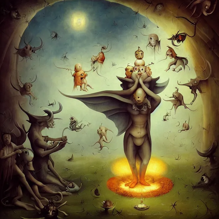 Prompt: frolicking among demons in the temple of gaia, by dave dorman hieronymus bosch, cyril rolando, esher and natalie shau, whimsical, profound, impossible, dark, atmospheric, brooding, digital painting, intricate.