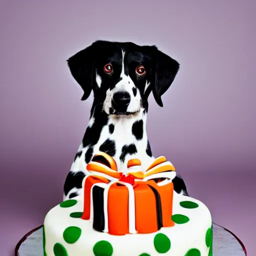 Prompt: photo of dalmatian dog with a birthday cake,