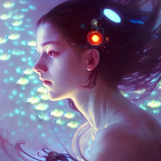 Image similar to Portrait of a lost cyborg girl surrounded by glowing Koi fish, face, fantasy, intricate, elegant, highly detailed, digital painting, artstation, concept art, smooth, sharp focus, illustration, art by Krenz Cushart and Artem Demura and alphonse mucha