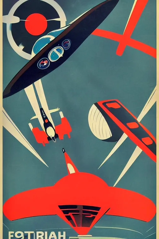 Prompt: propaganda poster of futuristic space race, 1 9 5 0 s style, futuristic design, dark, symmetrical, washed out color, centered, art deco, 1 9 5 0's futuristic, glowing highlights, intense